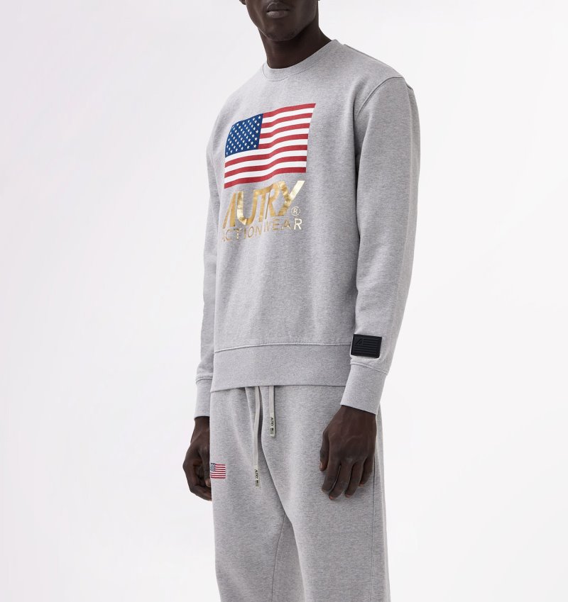 Autry Flag Logo Print Crew Neck Sweatshirts Herren Grau | CU65-7575A5