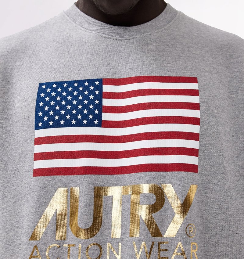 Autry Flag Logo Print Crew Neck Sweatshirts Herren Grau | CU65-7575A5