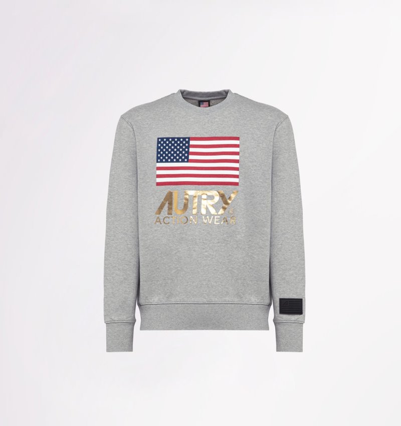 Autry Flag Logo Print Crew Neck Sweatshirts Herren Grau | CU65-7575A5