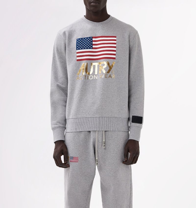 Autry Flag Logo Print Crew Neck Sweatshirts Herren Grau | CU65-7575A5